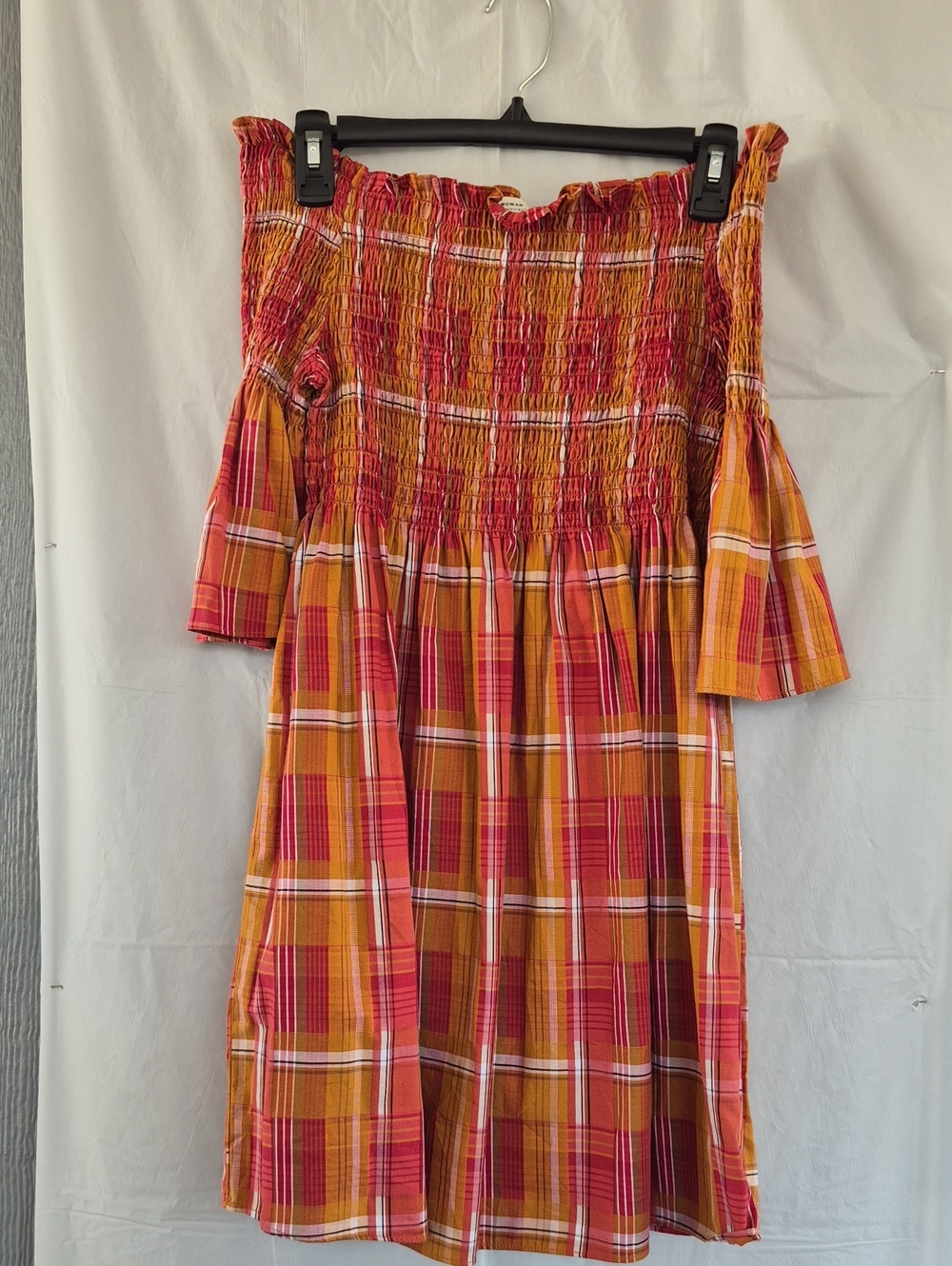 Zara Pink & Mustard Plaid Off-Shoulder Midi Skirt